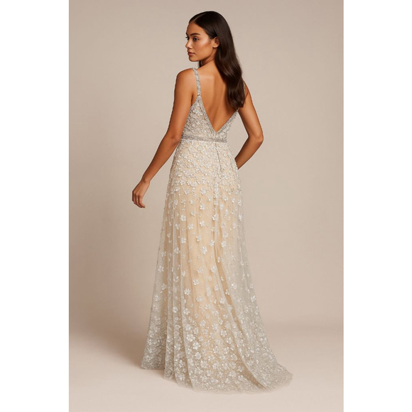 Mac Duggal Embellished Ivory and Peach Floral Appliqué Size 12 Style 22845 NWOT - Picture 2 of 16